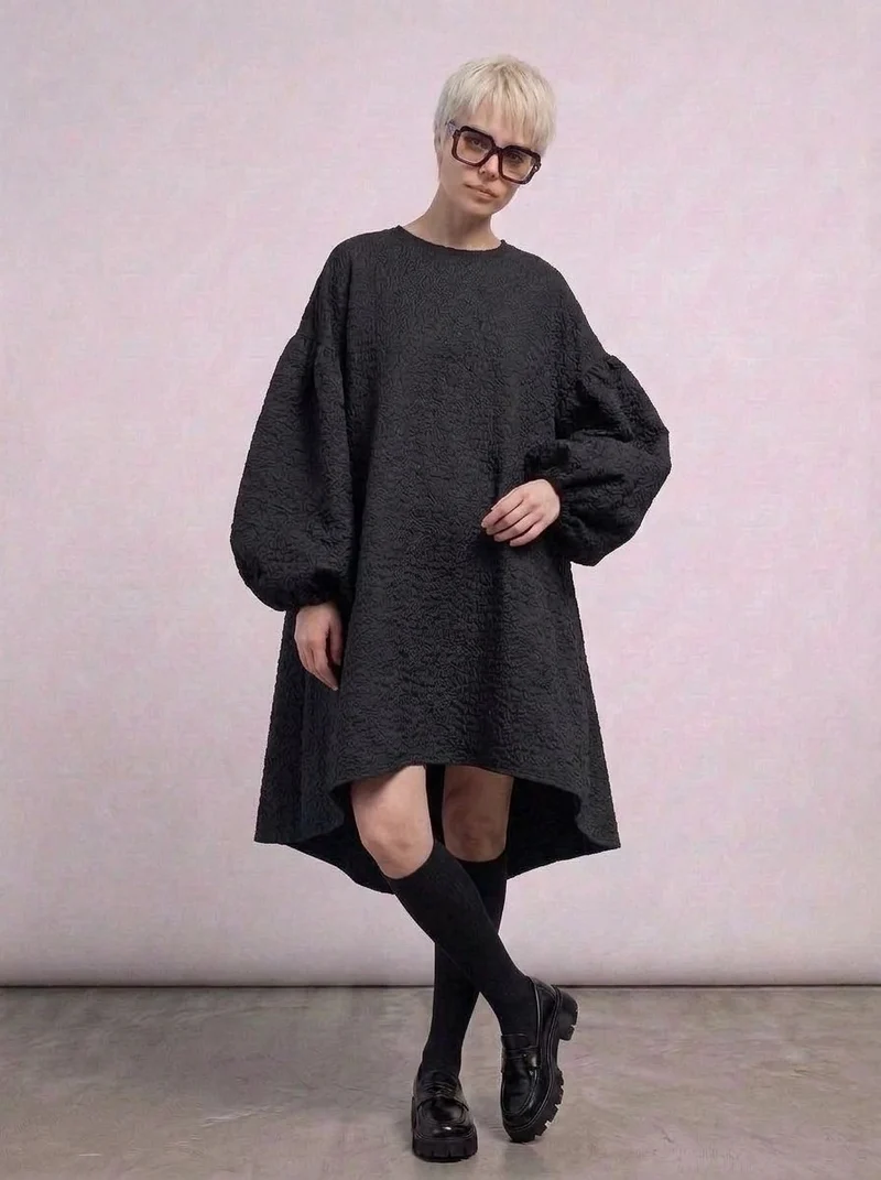 Oversized Lantern Sleeve Dress with Asymmetrical Hemline – Gothic Inspired Minimalism