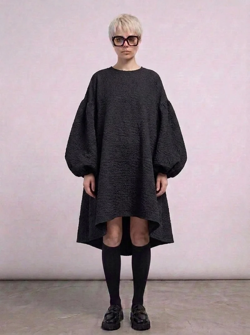 Oversized Lantern Sleeve Dress with Asymmetrical Hemline – Gothic Inspired Minimalism