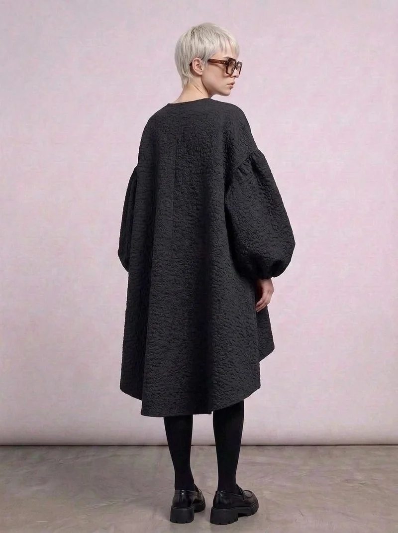 Oversized Lantern Sleeve Dress with Asymmetrical Hemline – Gothic Inspired Minimalism