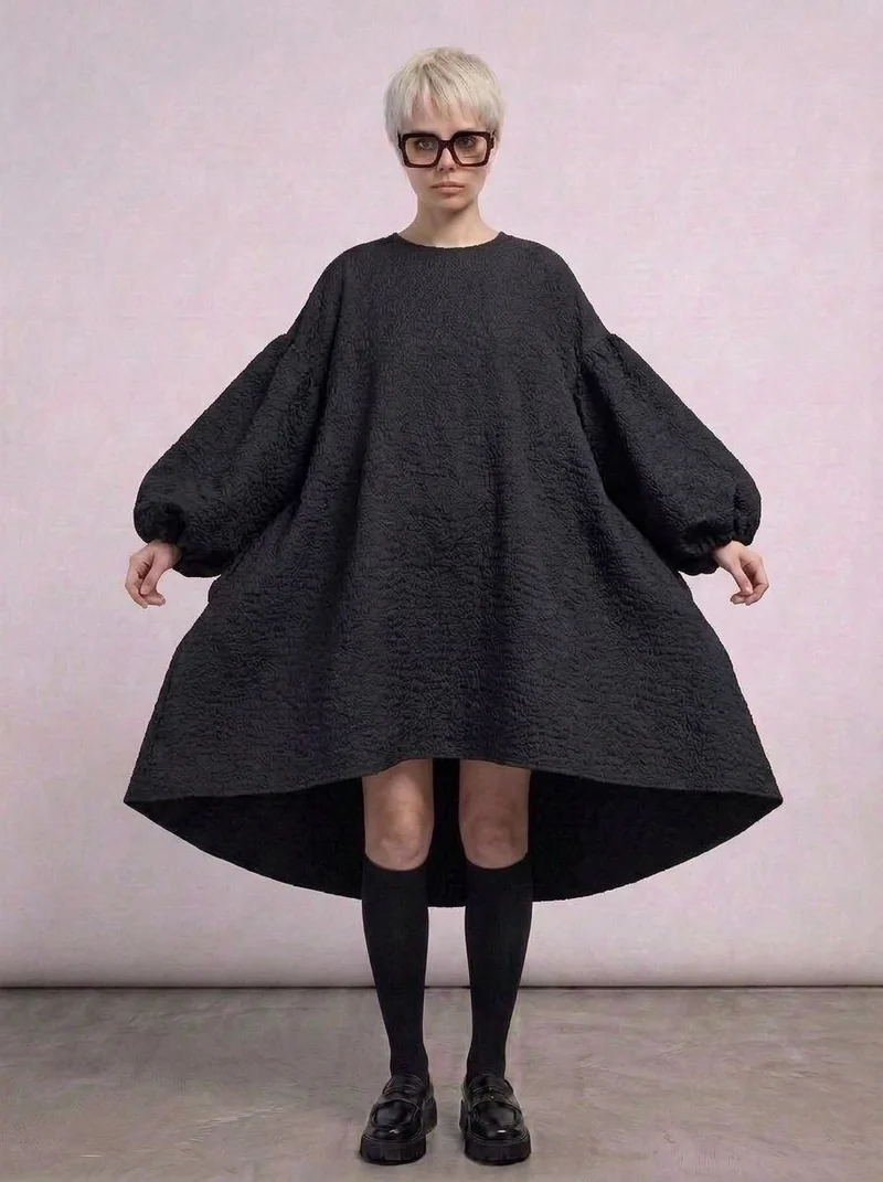 Oversized Lantern Sleeve Dress with Asymmetrical Hemline – Gothic Inspired Minimalism