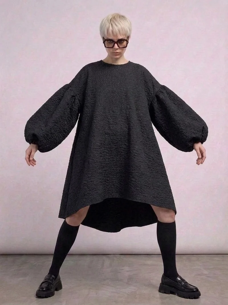 Oversized Lantern Sleeve Dress with Asymmetrical Hemline – Gothic Inspired Minimalism