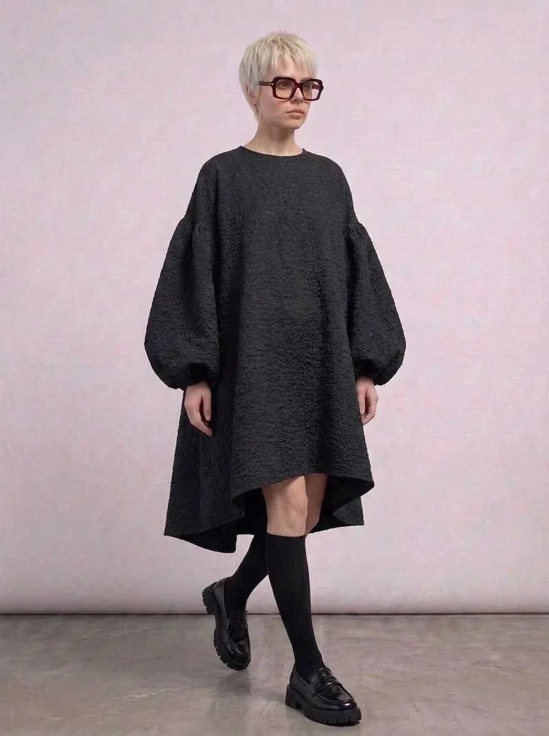 Oversized Lantern Sleeve Dress with Asymmetrical Hemline – Gothic Inspired Minimalism