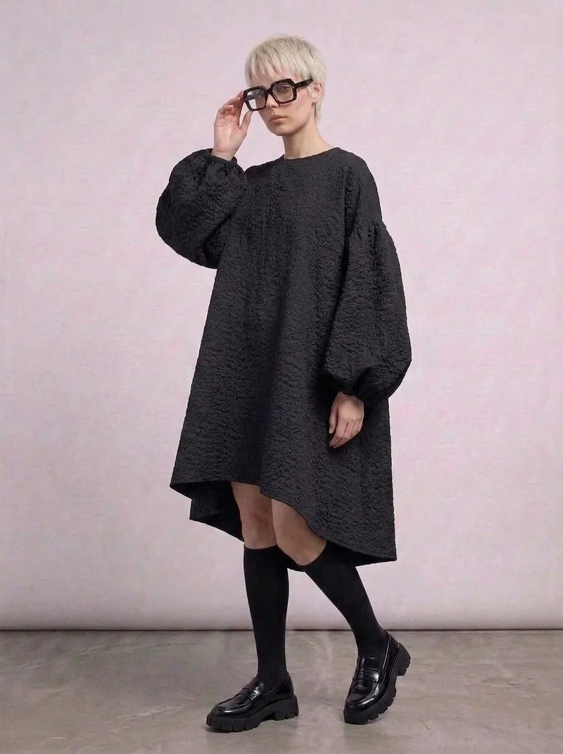 Oversized Lantern Sleeve Dress with Asymmetrical Hemline – Gothic Inspired Minimalism