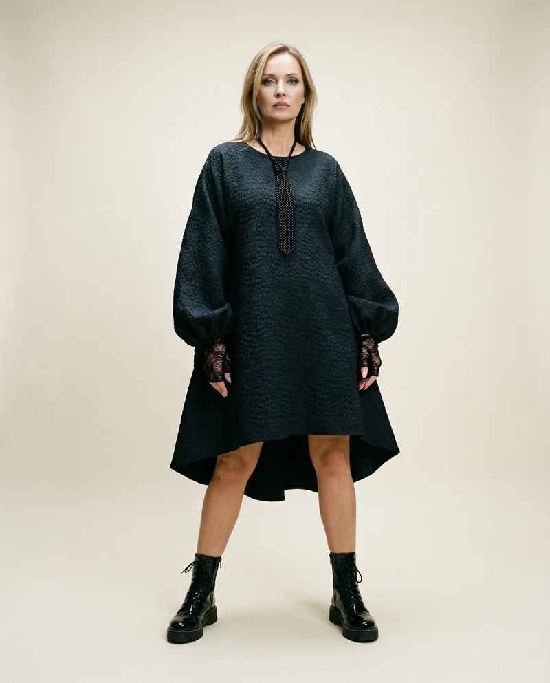 Oversized Lantern Sleeve Dress with Asymmetrical Hemline – Gothic Inspired Minimalism