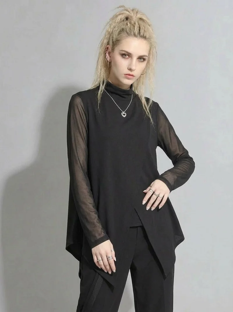 Edgy Elegance: Mesh Turtleneck & Asymmetrical Vest Set