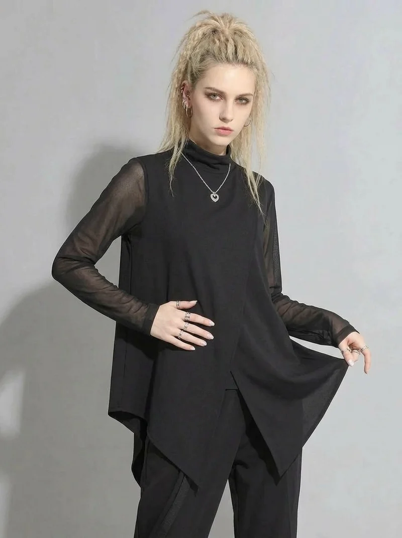 Edgy Elegance: Mesh Turtleneck & Asymmetrical Vest Set