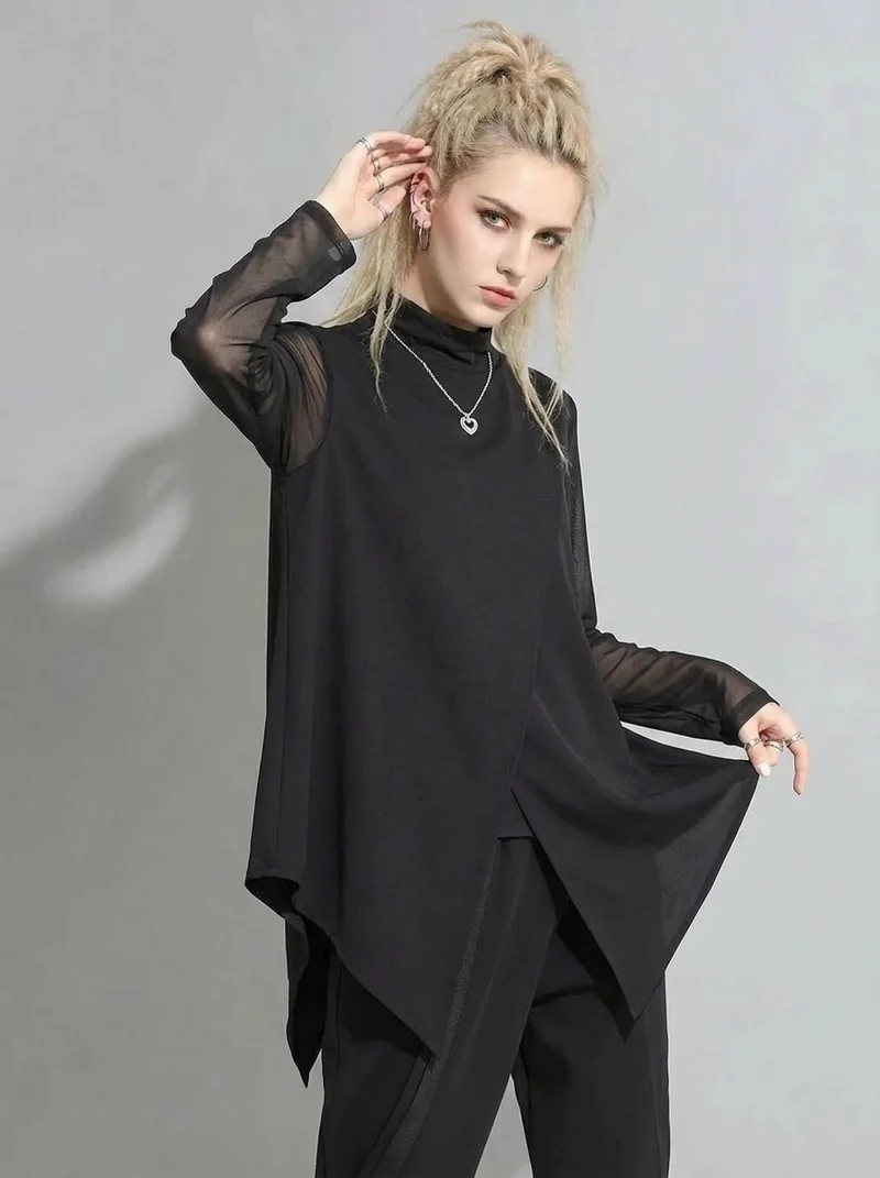 Edgy Elegance: Mesh Turtleneck & Asymmetrical Vest Set