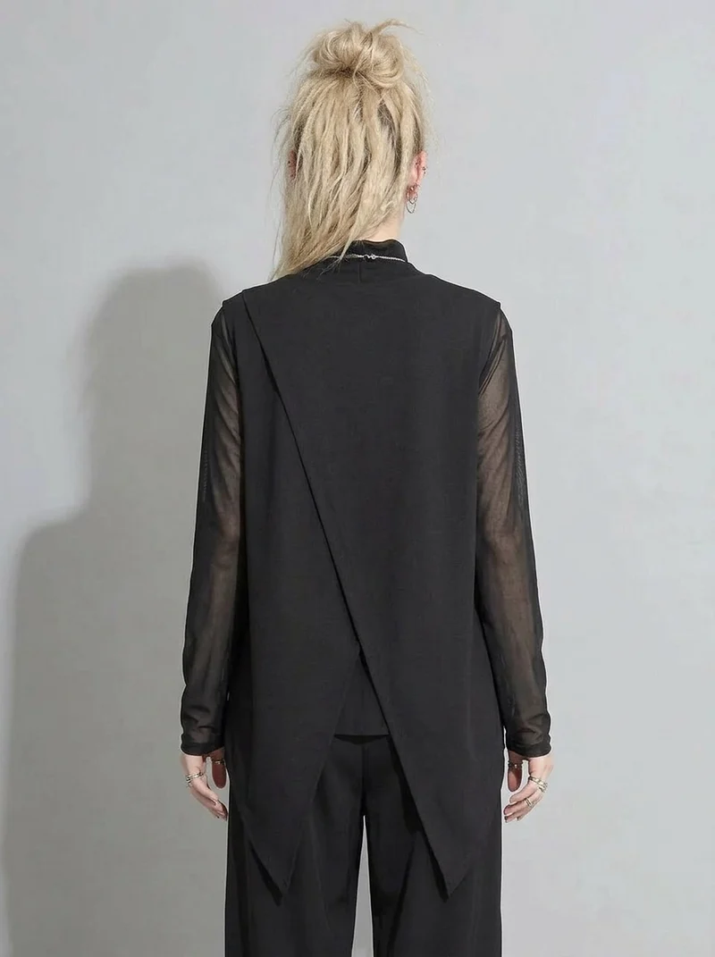 Edgy Elegance: Mesh Turtleneck & Asymmetrical Vest Set