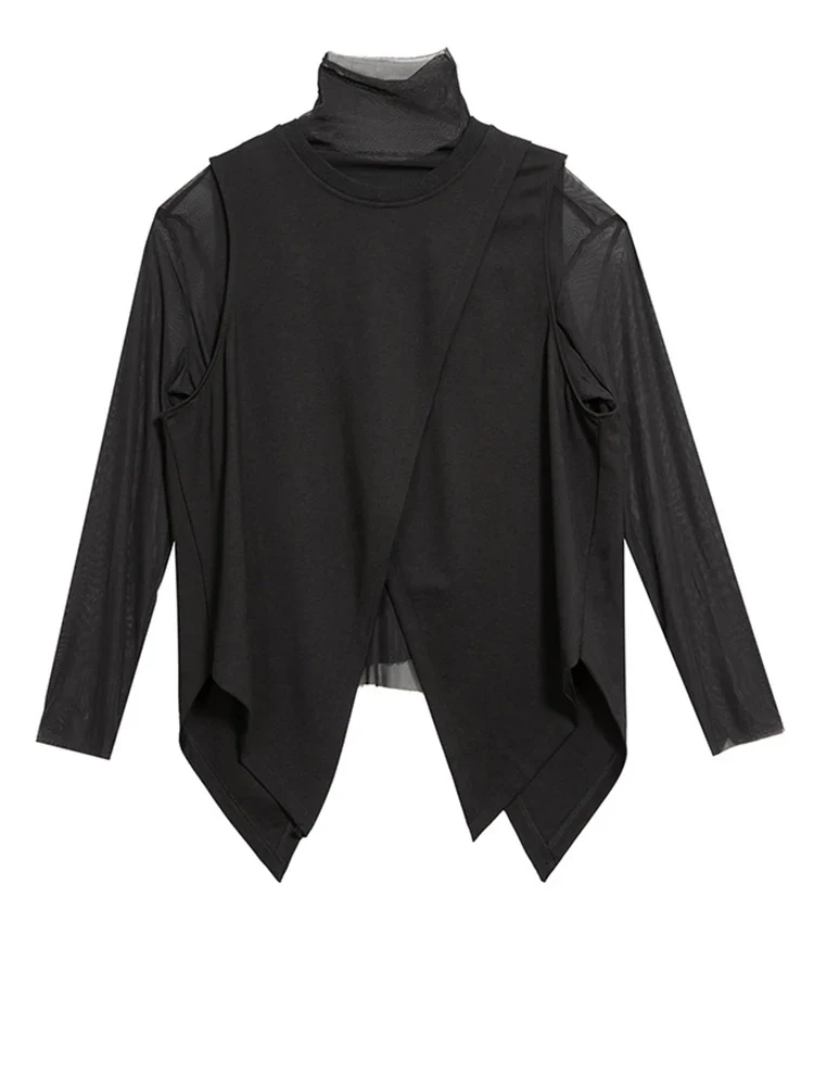 Edgy Elegance: Mesh Turtleneck & Asymmetrical Vest Set