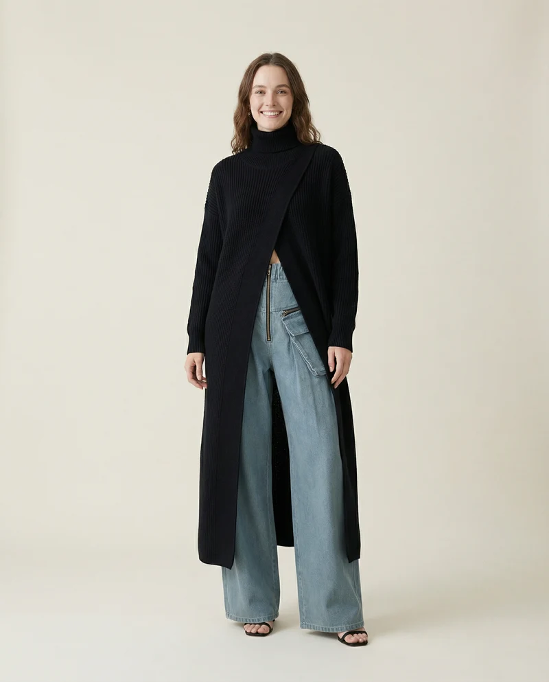 Asymmetrical Split Turtleneck Pullover - Oversized Fit, Cozy Winter Essential