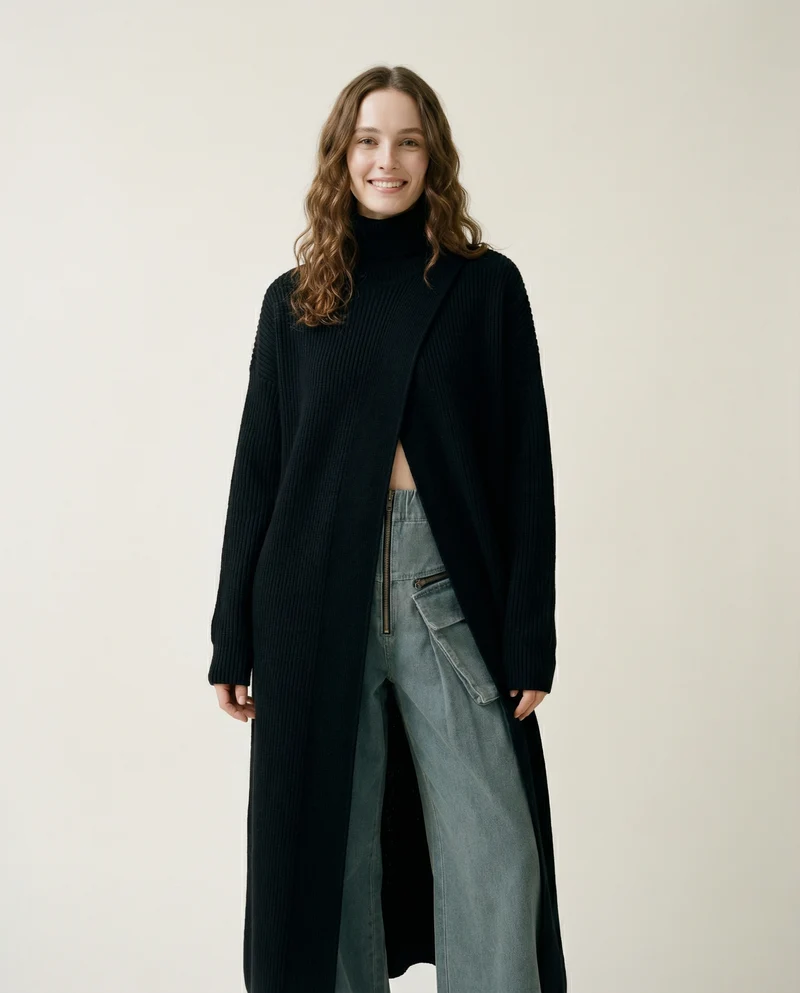 Asymmetrical Split Turtleneck Pullover - Oversized Fit, Cozy Winter Essential