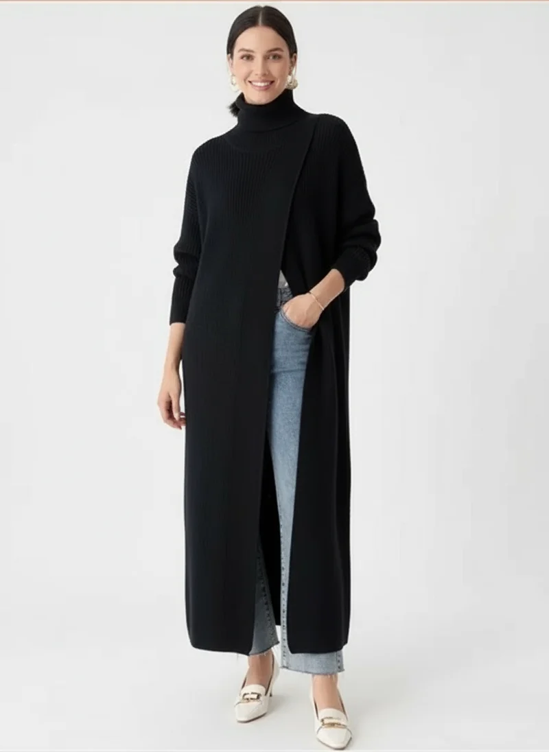 Asymmetrical Split Turtleneck Pullover - Oversized Fit, Cozy Winter Essential