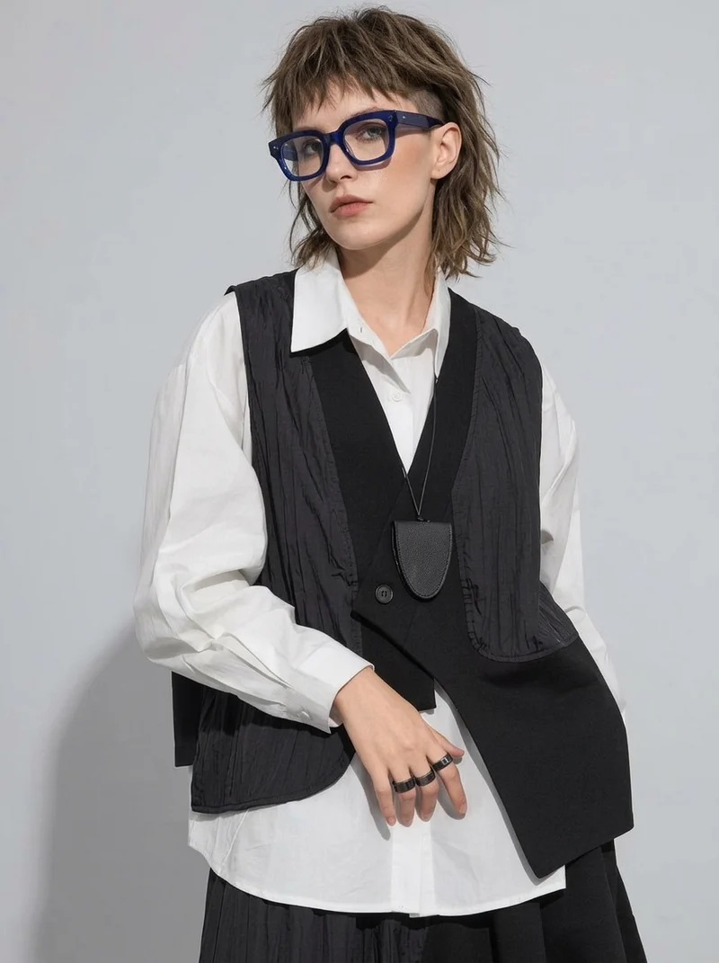 One-Button Asymmetrical Vest - Relaxed Fit, Modern Layering Piece