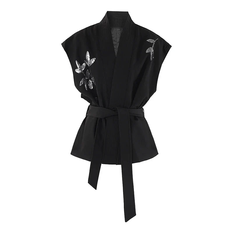 Casual Minimal Goth Sequins Embroidery Vest