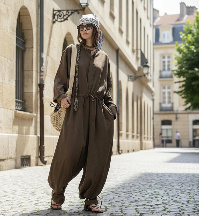 Industrial Wide-Leg Jumpsuit with Adjustable Waist - Coffee