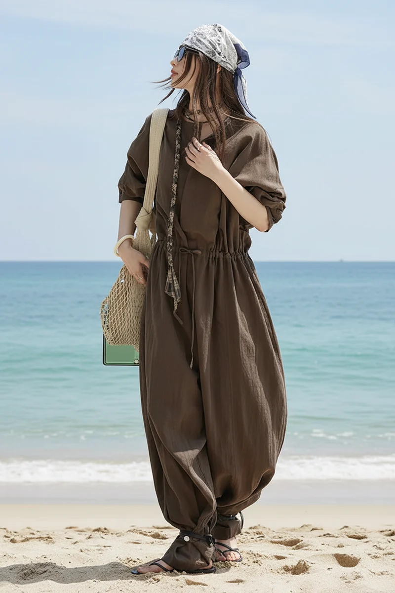 Industrial Wide-Leg Jumpsuit with Adjustable Waist - Coffee