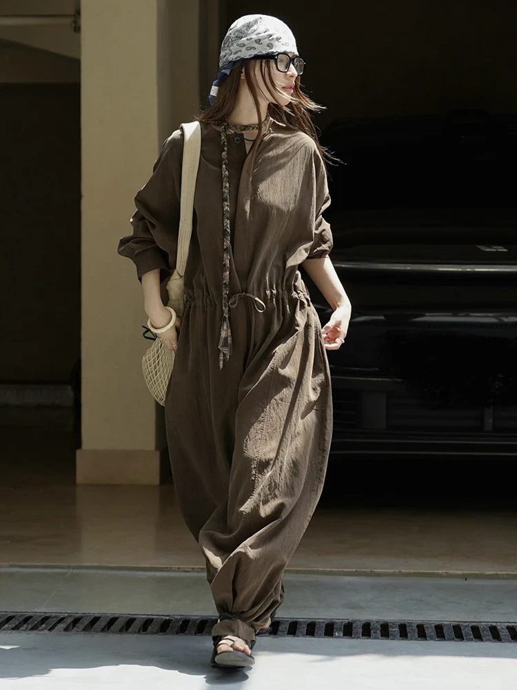 Industrial Wide-Leg Jumpsuit with Adjustable Waist - Coffee