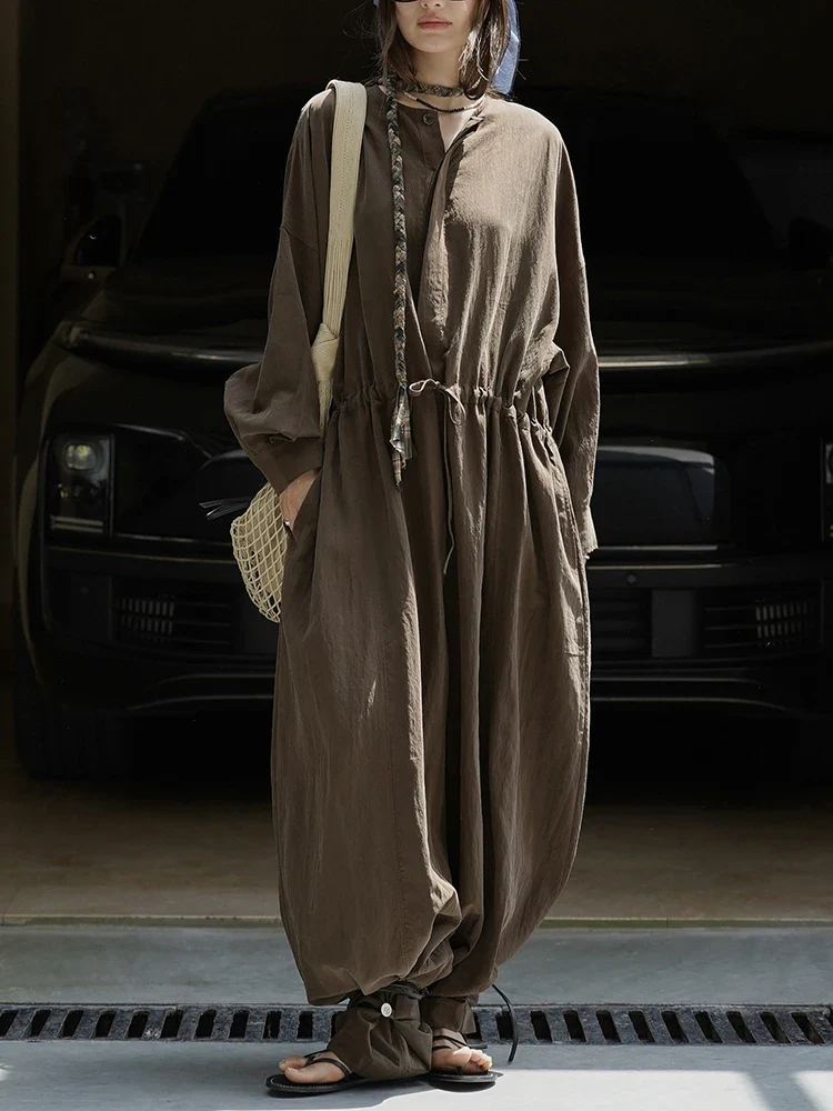 Industrial Wide-Leg Jumpsuit with Adjustable Waist - Coffee