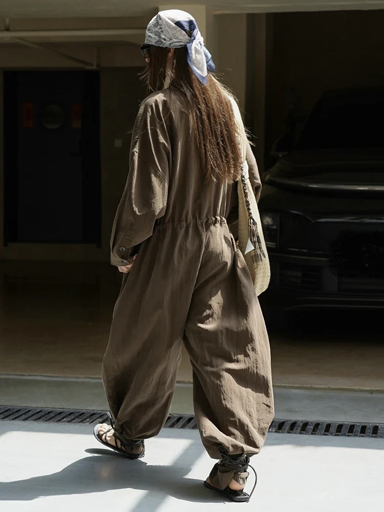 Industrial Wide-Leg Jumpsuit with Adjustable Waist - Coffee