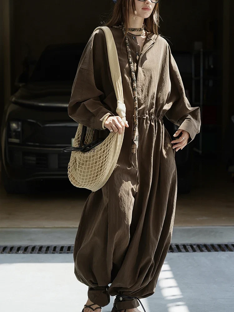 Industrial Wide-Leg Jumpsuit with Adjustable Waist - Coffee