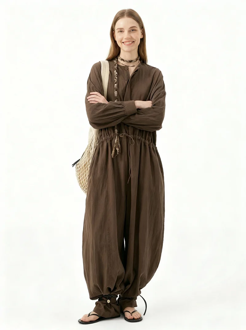Industrial Wide-Leg Jumpsuit with Adjustable Waist - Coffee