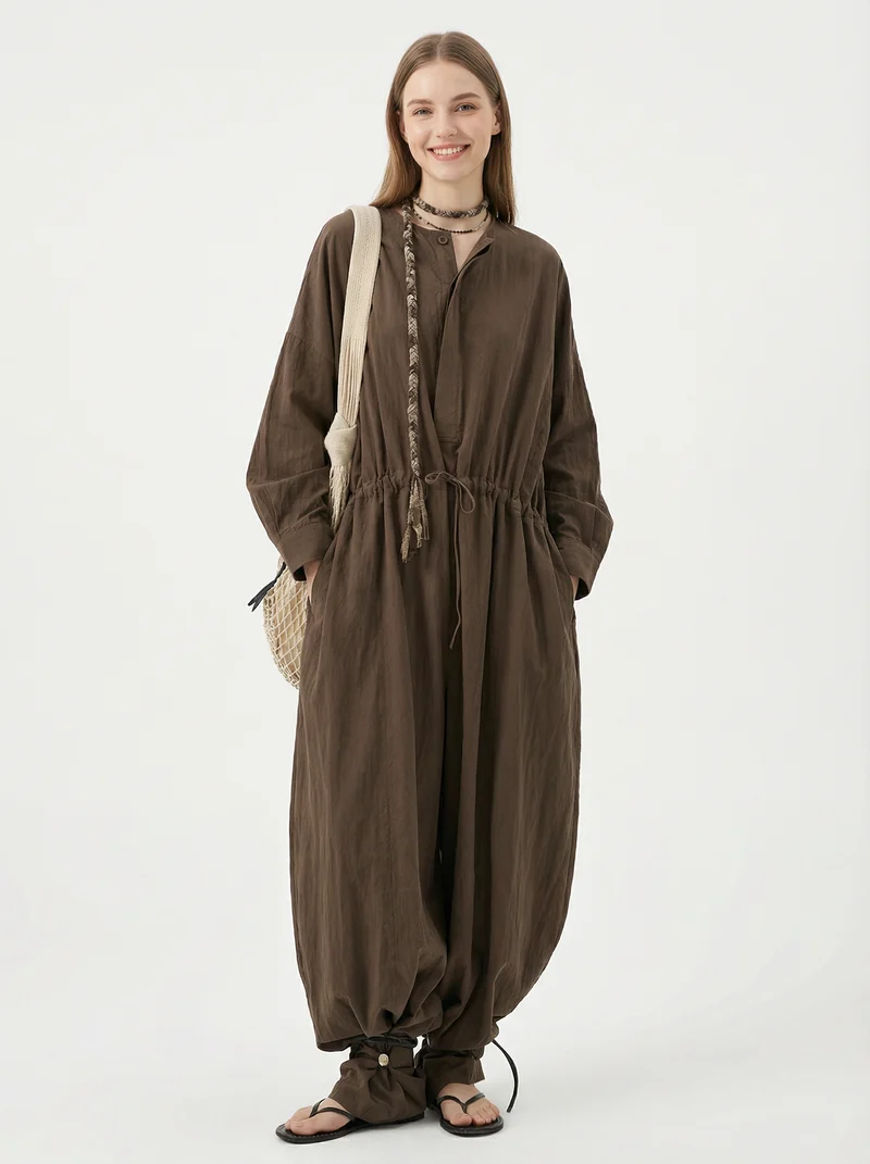 Industrial Wide-Leg Jumpsuit with Adjustable Waist - Coffee