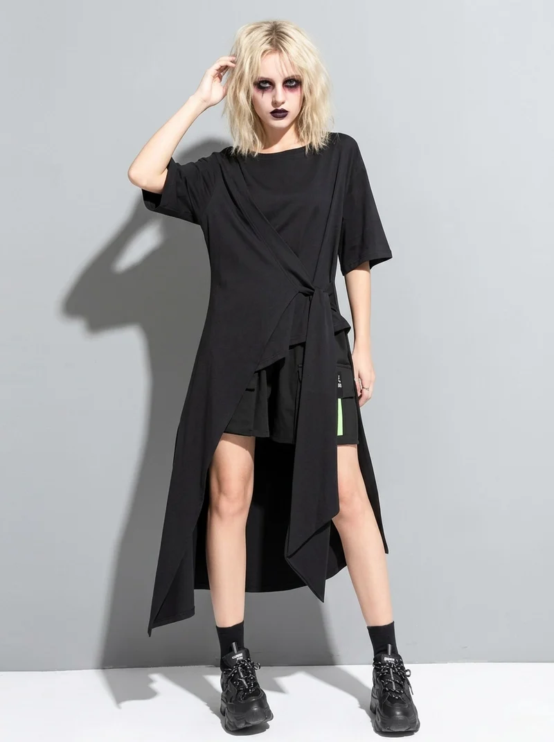 Casual Punk Irregular Design Maxi Black Shirt
