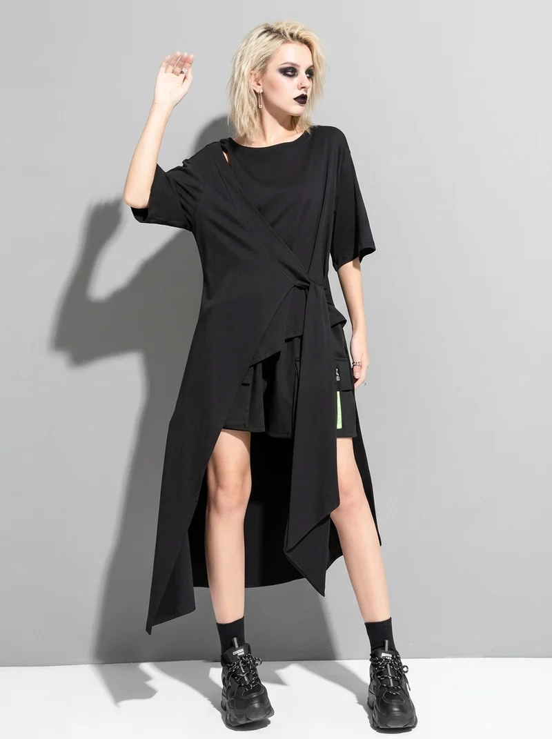 Casual Punk Irregular Design Maxi Black Shirt