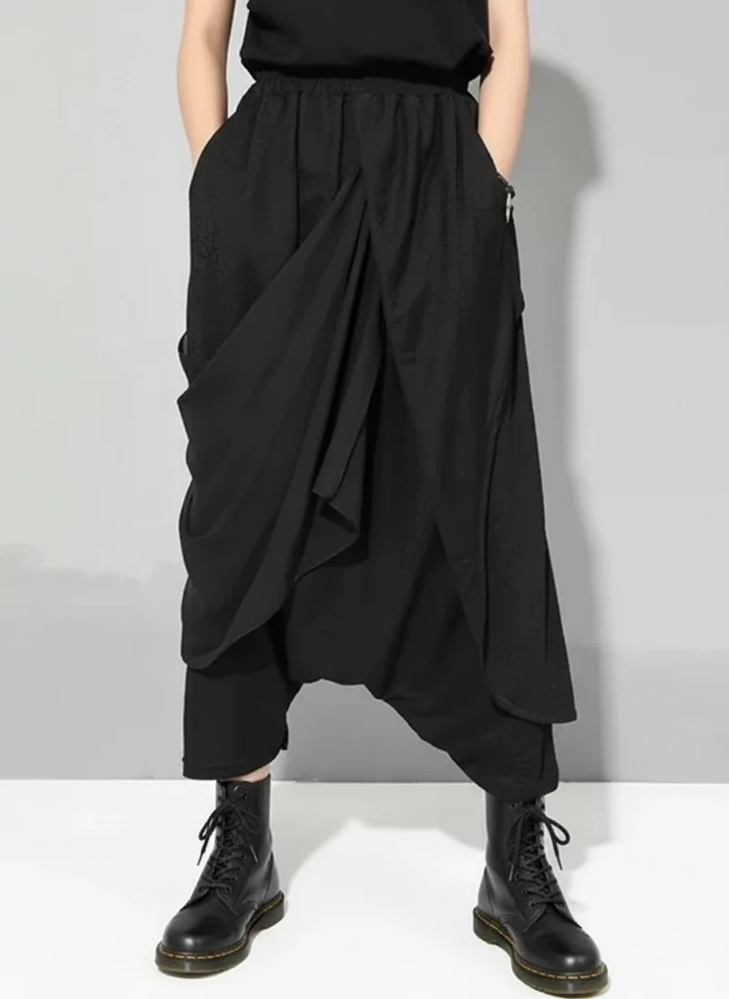 Stylish Deep Harem Capri Pants with Unique Overlay Design