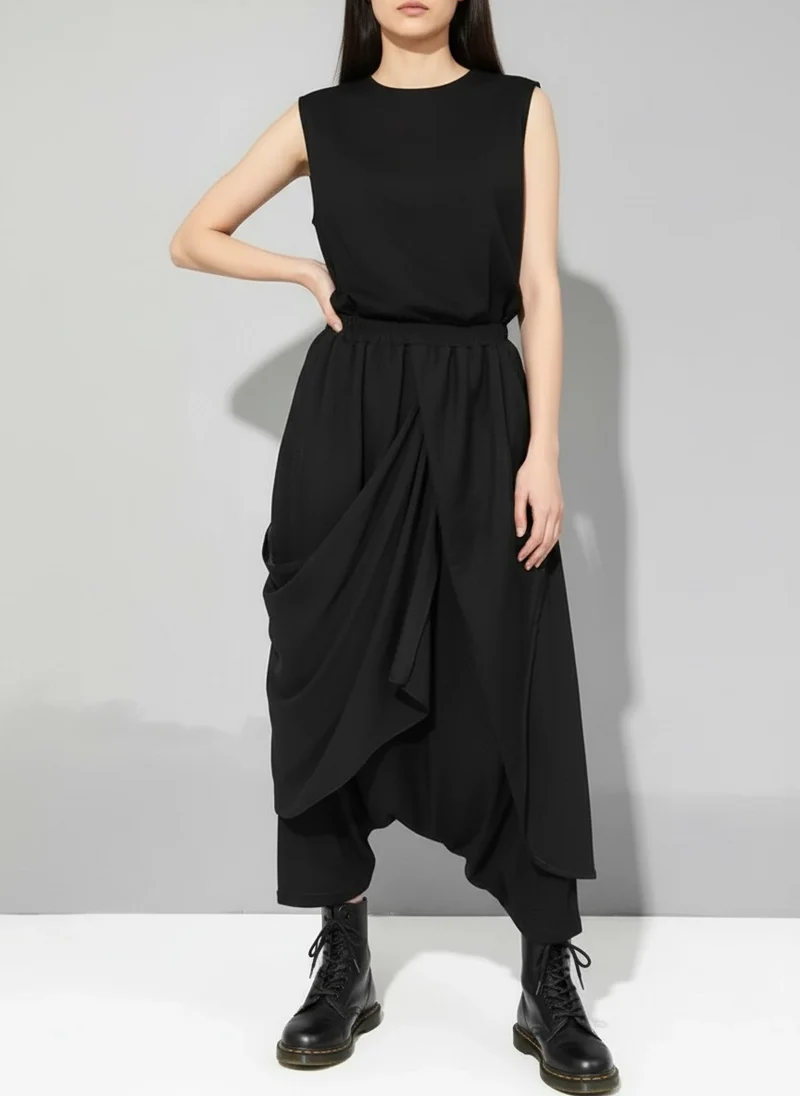 Stylish Deep Harem Capri Pants with Unique Overlay Design