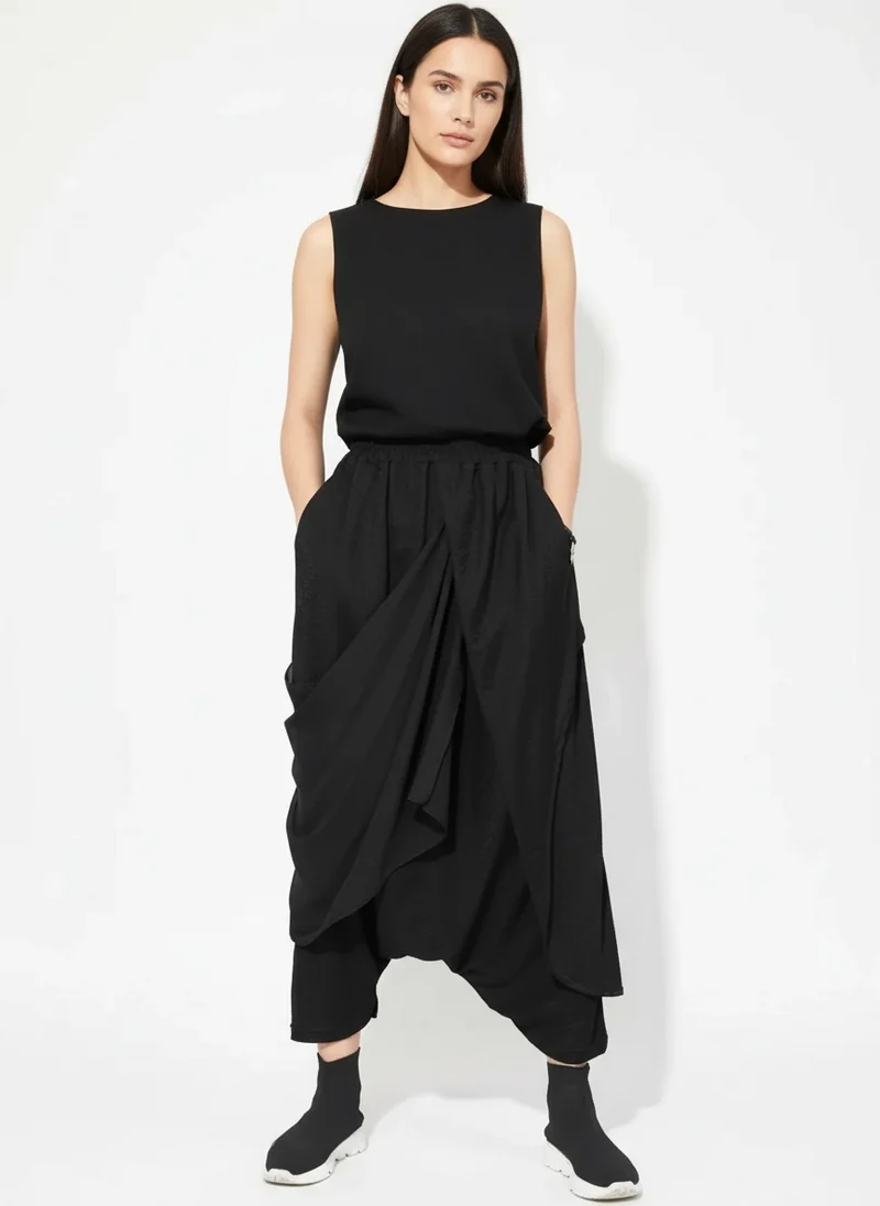 Stylish Deep Harem Capri Pants with Unique Overlay Design