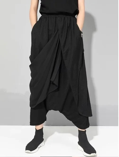Stylish Deep Harem Capri Pants with Unique Overlay Design