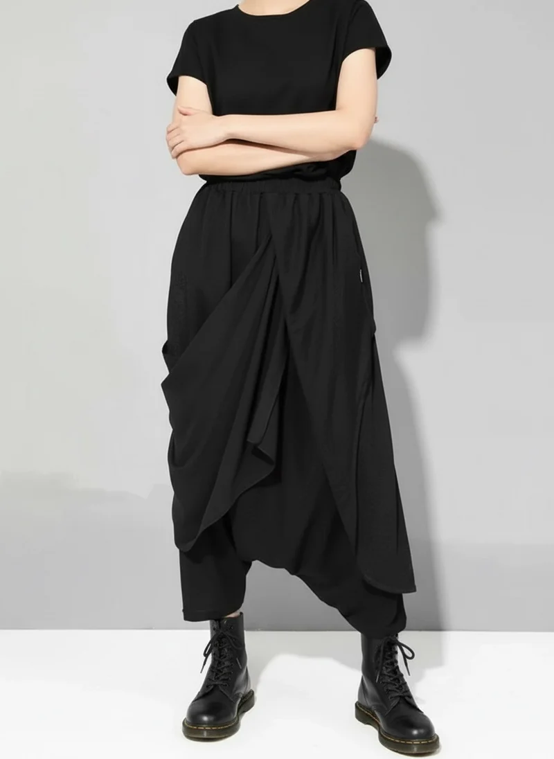 Stylish Deep Harem Capri Pants with Unique Overlay Design