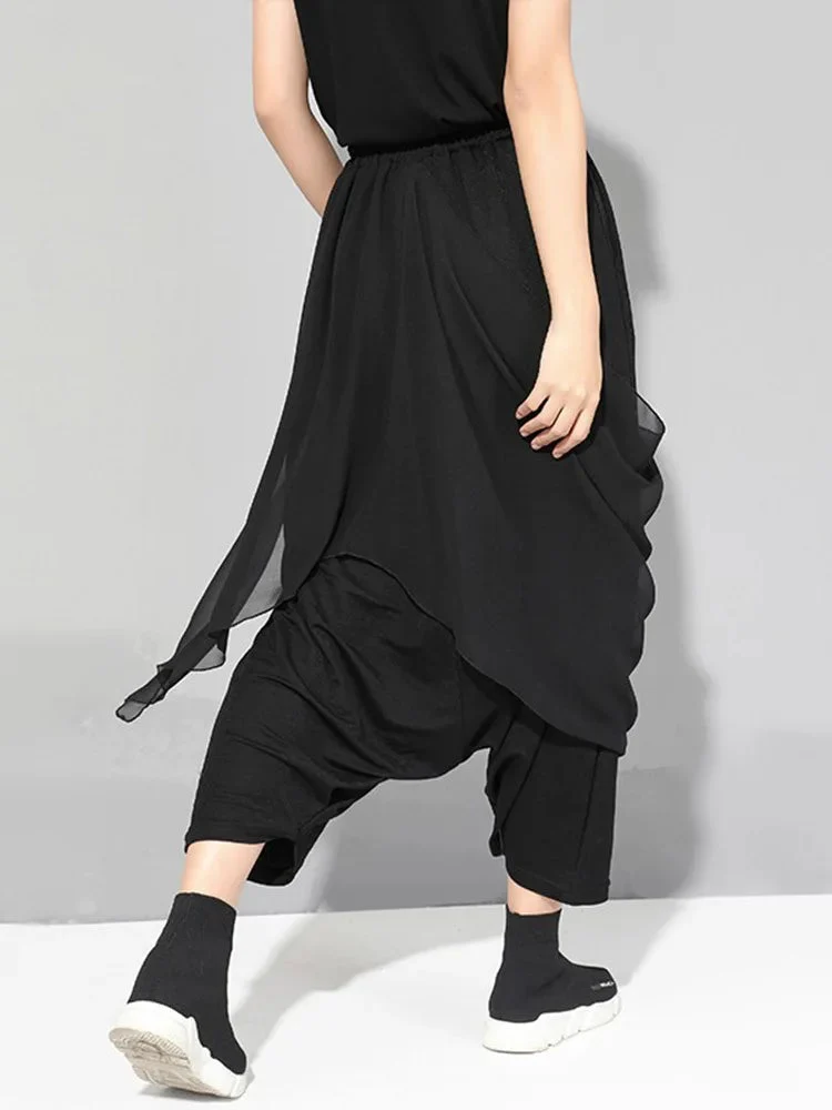 Stylish Deep Harem Capri Pants with Unique Overlay Design