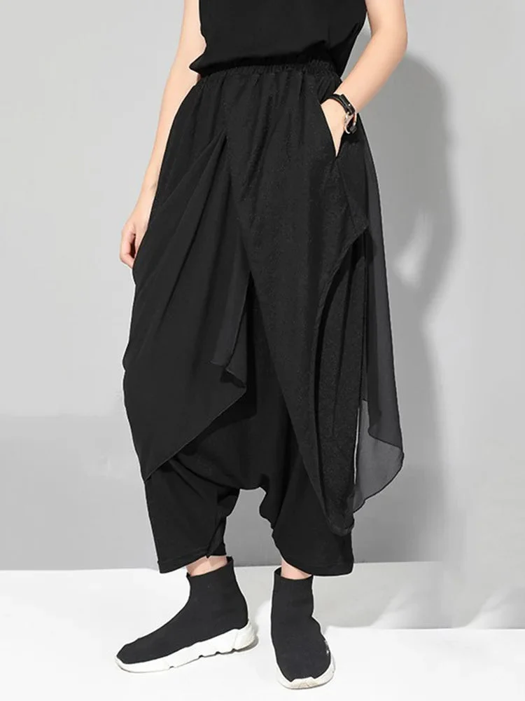 Stylish Deep Harem Capri Pants with Unique Overlay Design