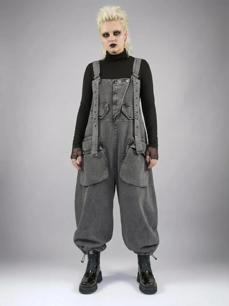Street Punk Style Oversized Fit Vintage Denim Overalls
