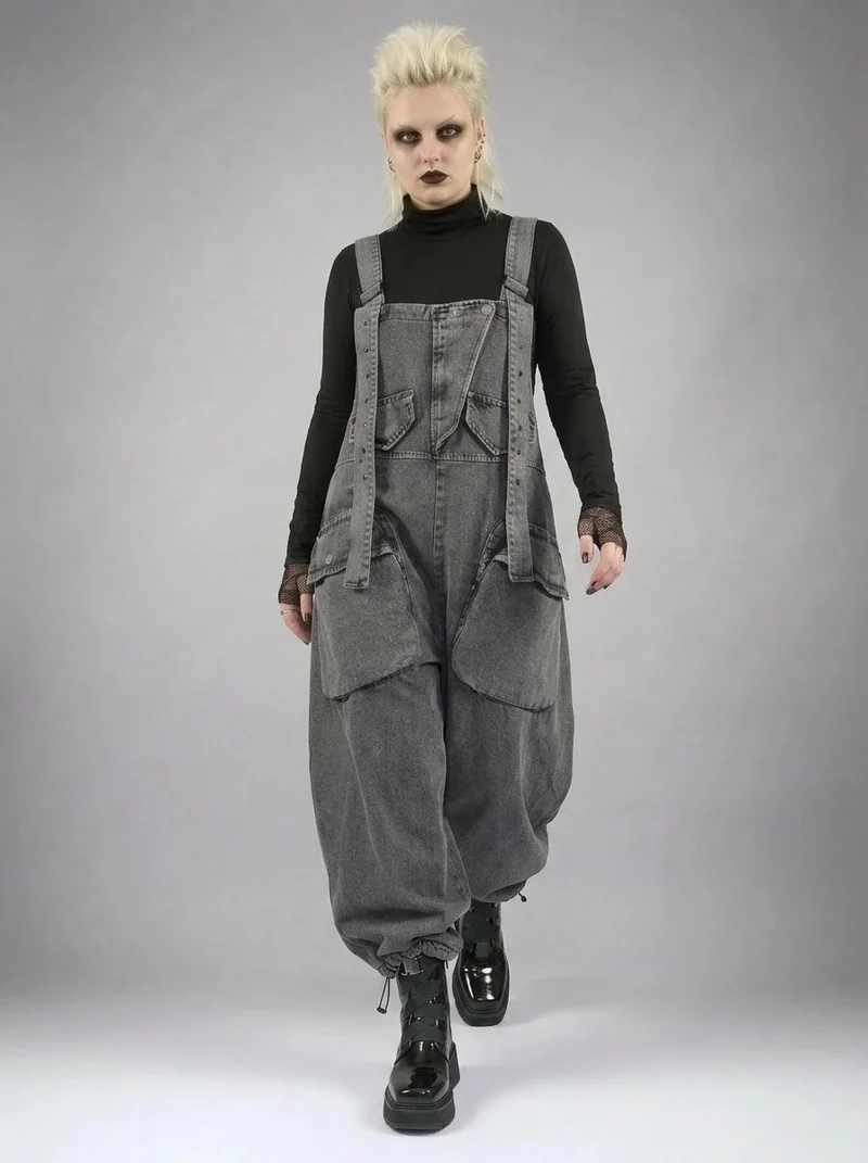 Street Punk Style Oversized Fit Vintage Denim Overalls