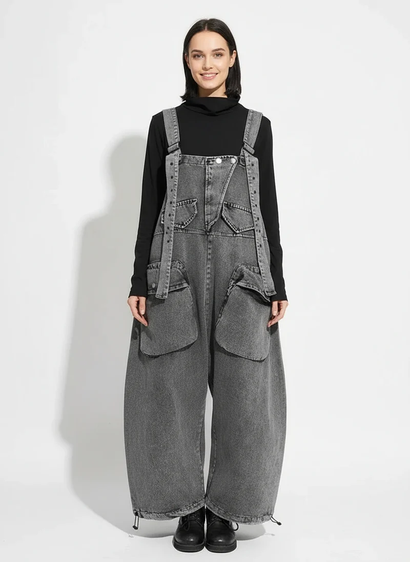 Street Punk Style Oversized Fit Vintage Denim Overalls