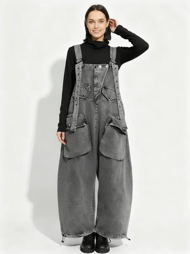 Street Punk Style Oversized Fit Vintage Denim Overalls