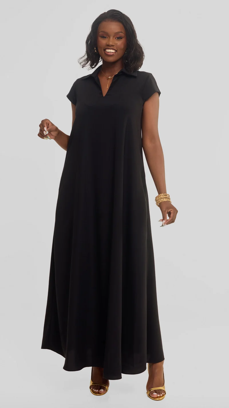 Vivo Zuri Cap Sleeve Maxi Dress in Crepe - Black