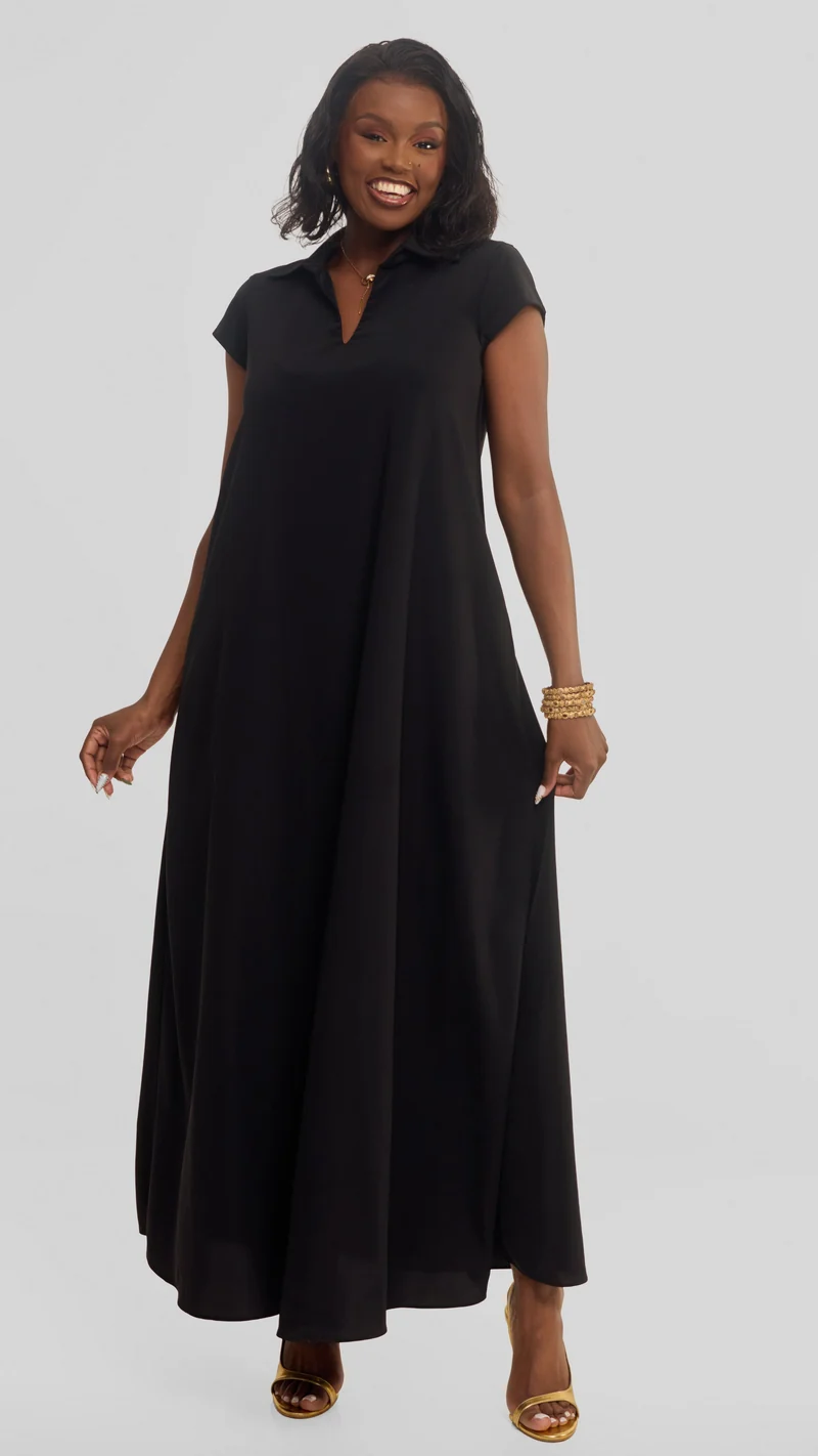 Vivo Zuri Cap Sleeve Maxi Dress in Crepe - Black