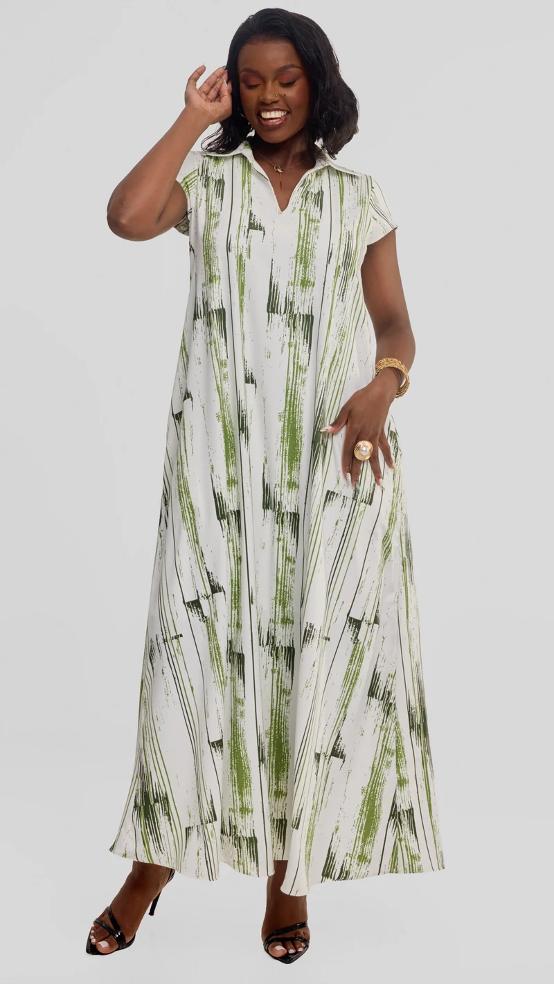 Vivo Zuri Cap Sleeve Maxi Dress in Crepe - Dark Green / Green Siolo Print