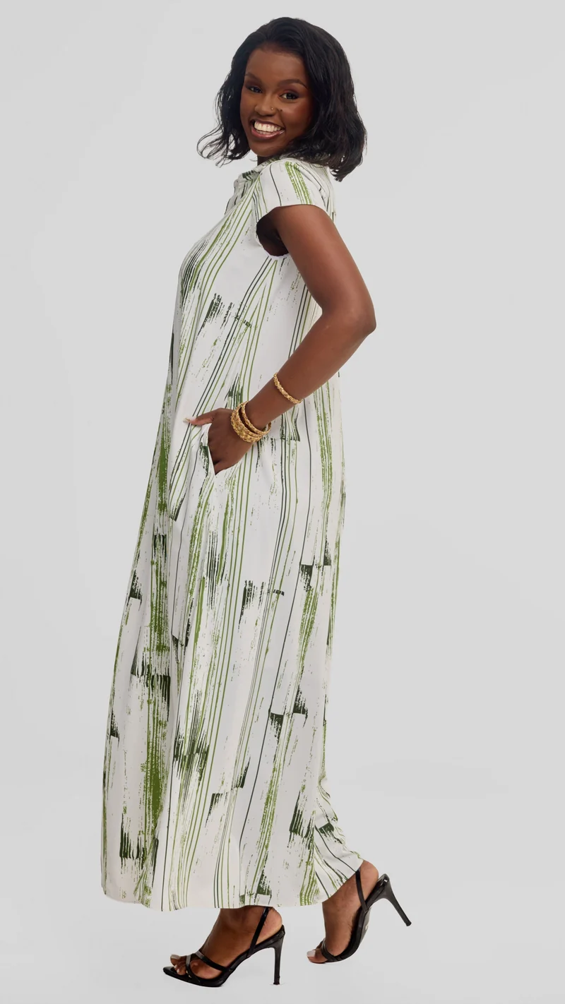 Vivo Zuri Cap Sleeve Maxi Dress in Crepe - Dark Green / Green Siolo Print