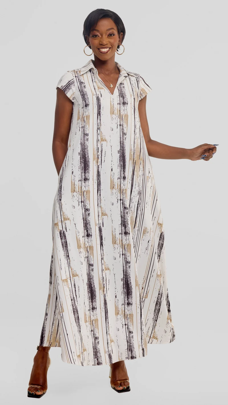 Vivo Zuri Cap Sleeve Maxi Dress in Crepe - Taupe / Brown Siolo Print