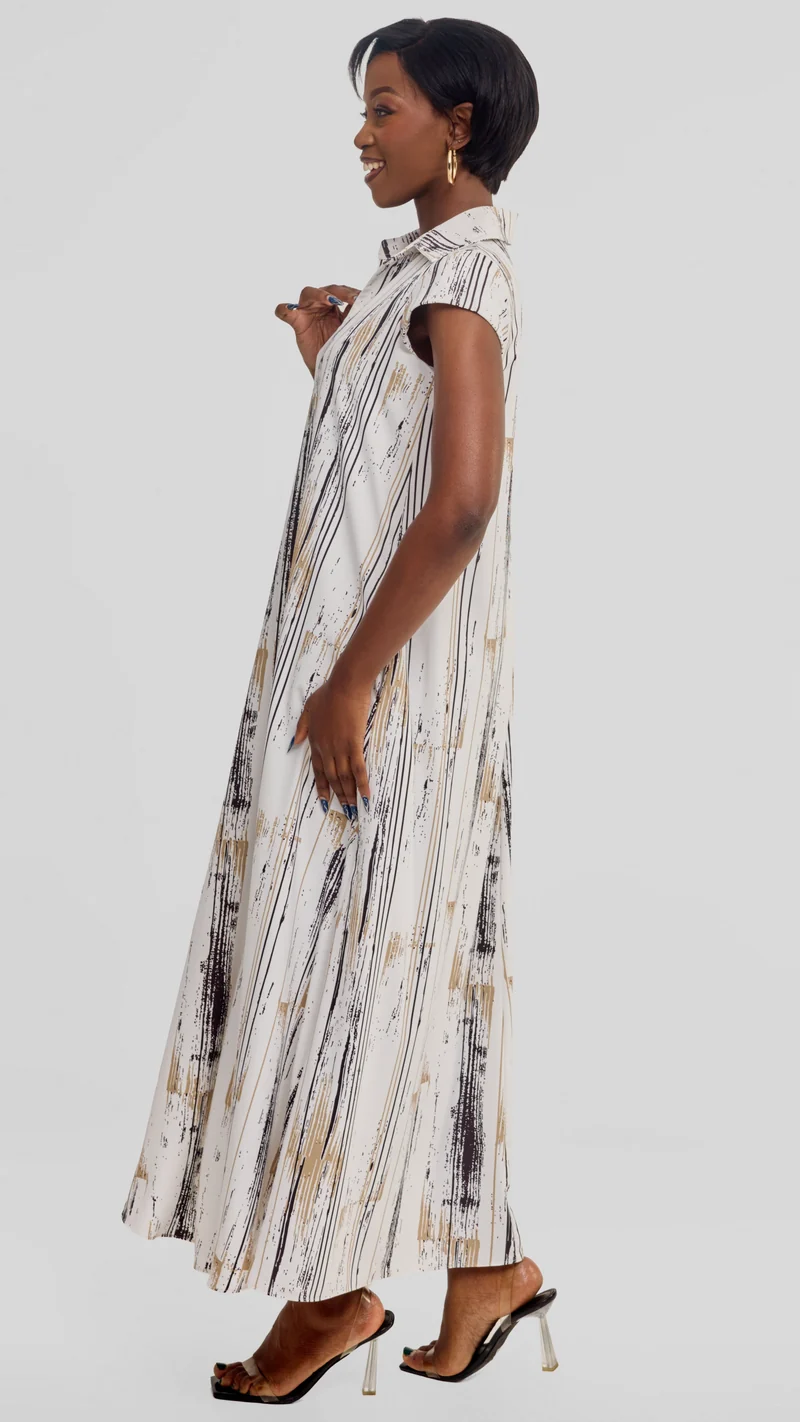 Vivo Zuri Cap Sleeve Maxi Dress in Crepe - Taupe / Brown Siolo Print