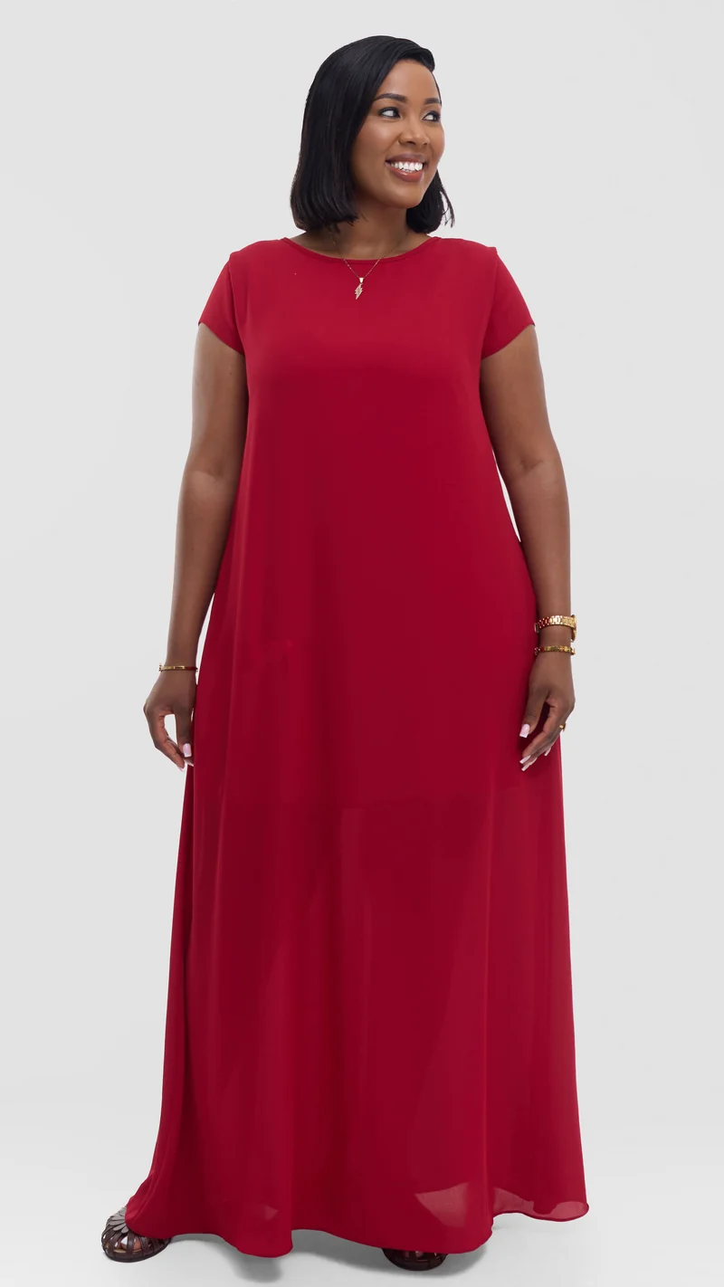 Vivo Basic Cap Sleeve Maxi Dress in Chiffon - Red