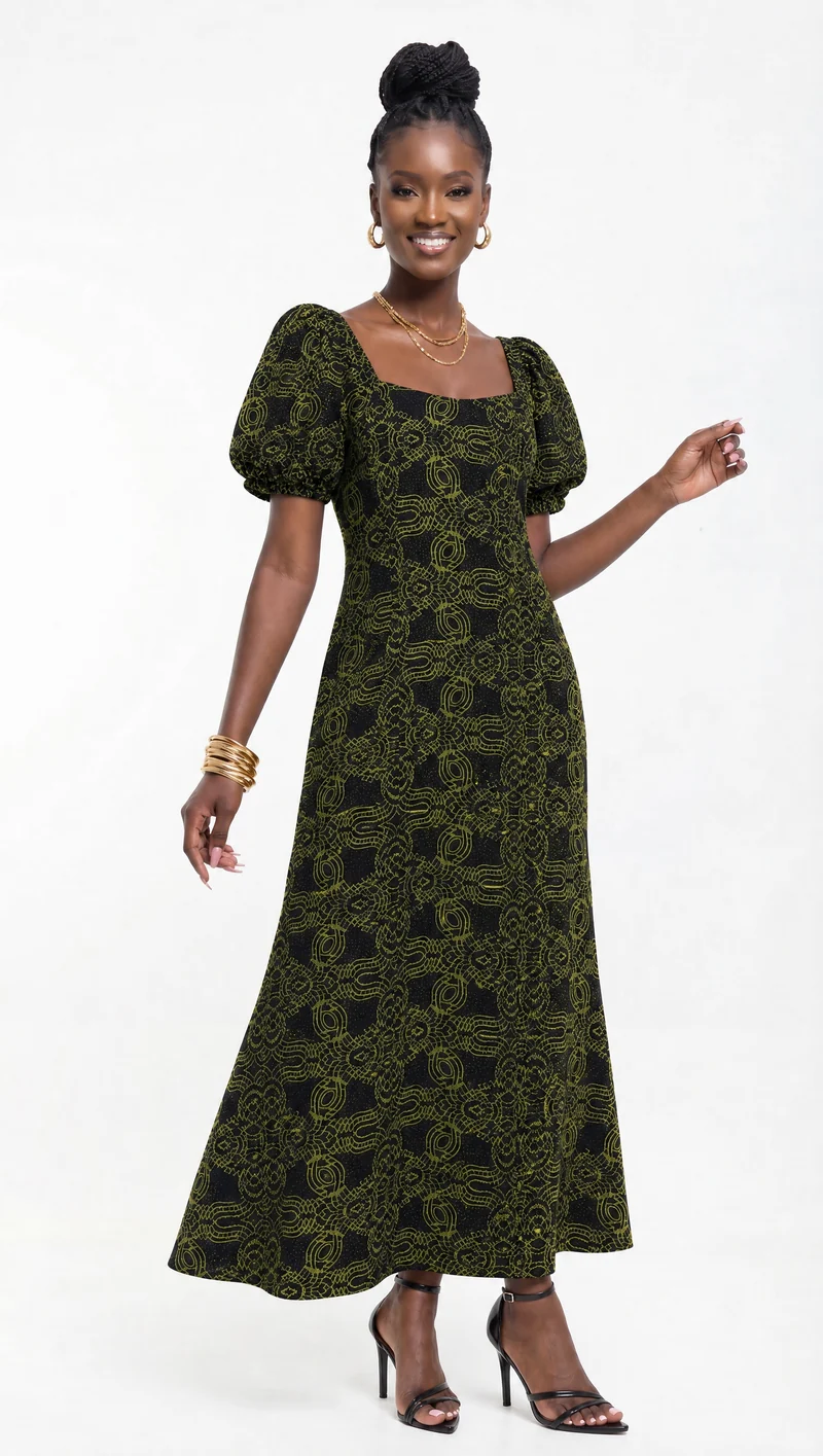 Vivo Puff Sleeeve A-Line Dress in Kitenge - Pili Print