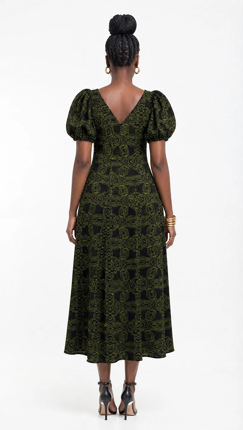 Vivo Puff Sleeeve A-Line Dress in Kitenge - Pili Print