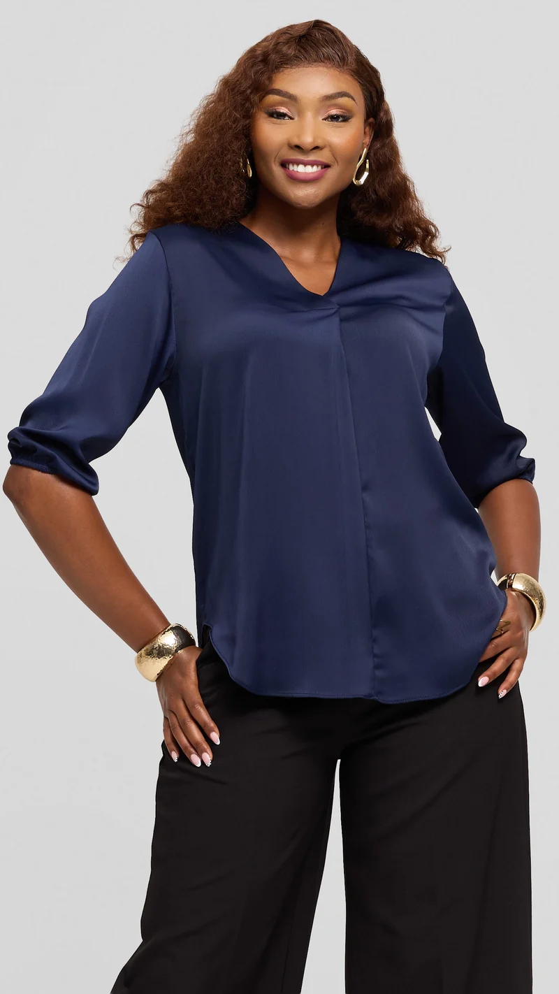 Vivo Dua Shirt in Textured Satin - Navy Blue