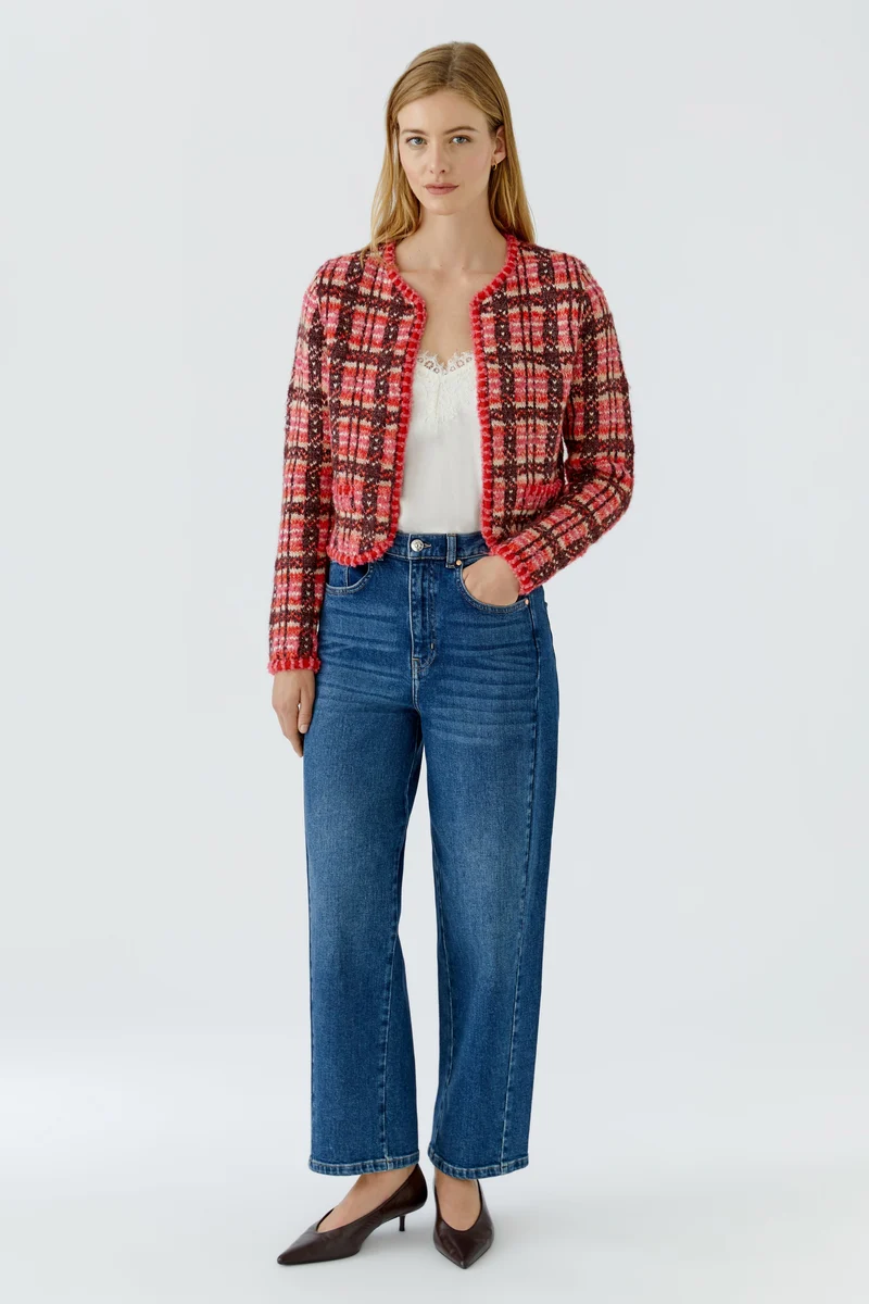 Veste courte à carreaux et bordures texturées